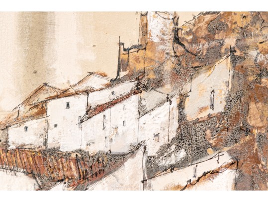 Alain Lopez (France/Spain, 20th C.) Mid Century Oil On Canvas, Town On A Hill