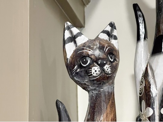 Hand Carved And Painted Wooden Cat Figurines