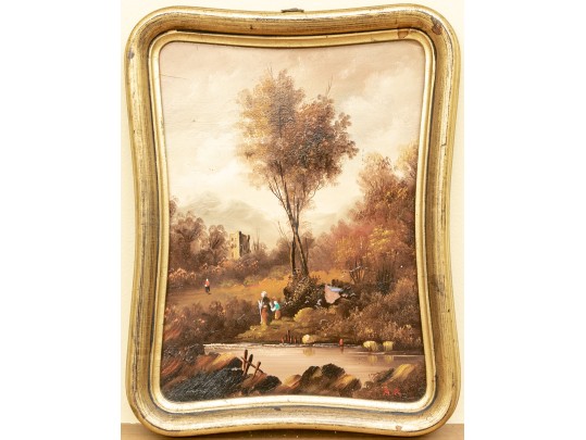 Antique Oil On Copper Painting, Figural Landscape, For Restoration