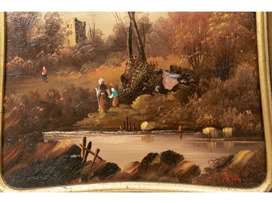 Antique Oil On Copper Painting, Figural Landscape, For Restoration