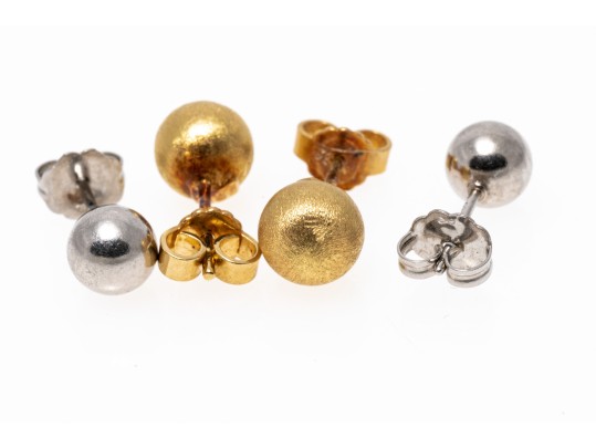 Simple 18K And Platinum Stud Earrings, Two Pairs