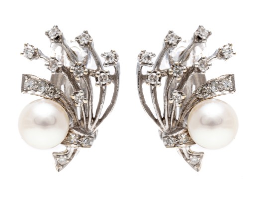 14k White Gold Vintage Cultured 7.25 Mm Pearl And Diamond Spray Earrings, App. 0.26 TCW