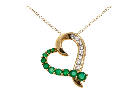14k Yellow Gold Emerald And Diamond Heart Pendant Necklace