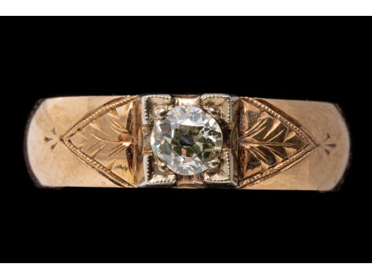 18k Yellow Gold Vintage Band Ring Set With European Cut Diamond, Size 7