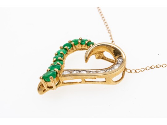 14k Yellow Gold Emerald And Diamond Heart Pendant Necklace