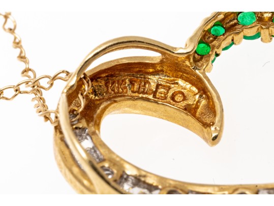 14k Yellow Gold Emerald And Diamond Heart Pendant Necklace