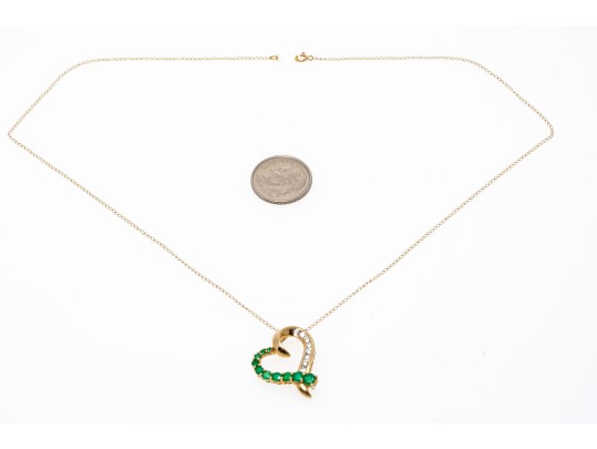 14k Yellow Gold Emerald And Diamond Heart Pendant Necklace