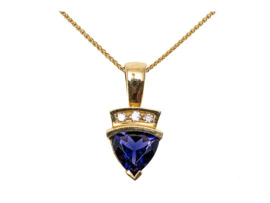 14k Yellow Gold Contemporary Trillion Cut Tanzanite And Diamond Pendant, With Chain