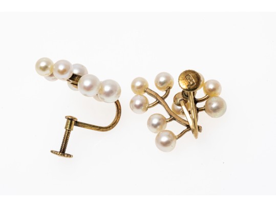 14k Yellow Gold Fabulous Vintage Cultured 3.5 Mm Pearl Spray Earrings