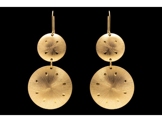 18k Yellow Gold Striking Brushed Stacked Pendant Earrings