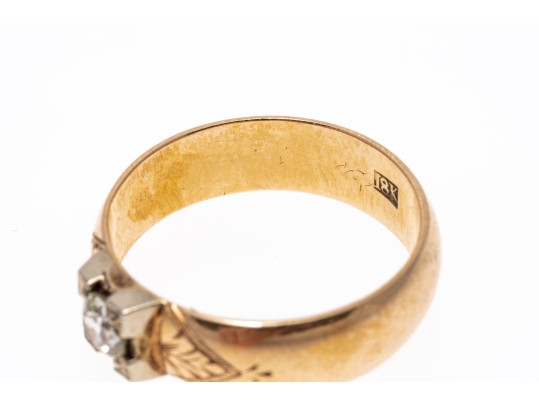 18k Yellow Gold Vintage Band Ring Set With European Cut Diamond, Size 7