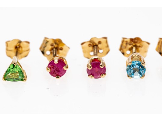 14k Yellow Gold Lot Of Five Stud Earrings, Including Blue Topaz, Rubies