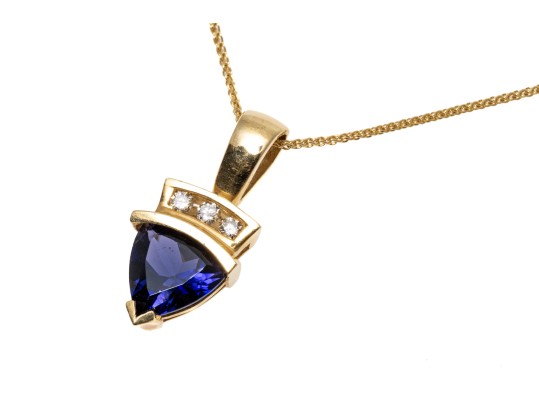 14k Yellow Gold Contemporary Trillion Cut Tanzanite And Diamond Pendant, With Chain