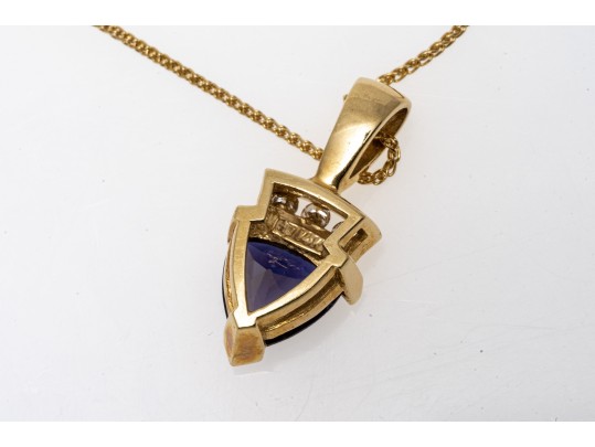 14k Yellow Gold Contemporary Trillion Cut Tanzanite And Diamond Pendant, With Chain
