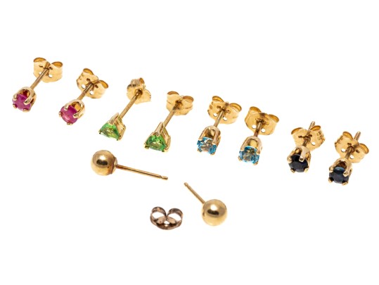 14k Yellow Gold Lot Of Five Stud Earrings, Including Blue Topaz, Rubies