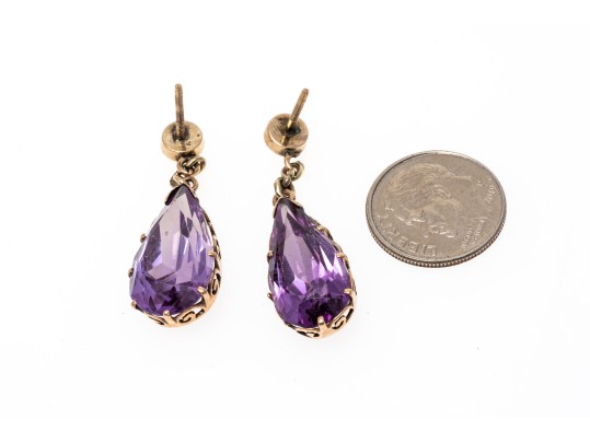 Vintage Style Pear Cut Purple Sapphire Pendant Earrings