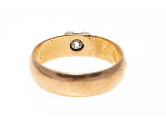 18k Yellow Gold Vintage Band Ring Set With European Cut Diamond, Size 7