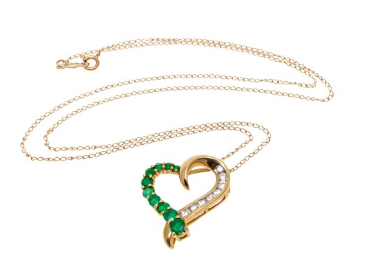 14k Yellow Gold Emerald And Diamond Heart Pendant Necklace