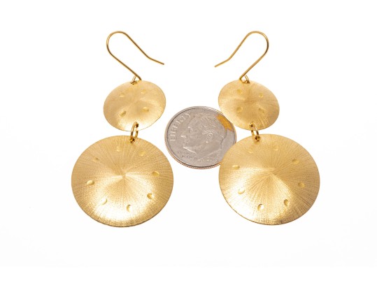 18k Yellow Gold Striking Brushed Stacked Pendant Earrings