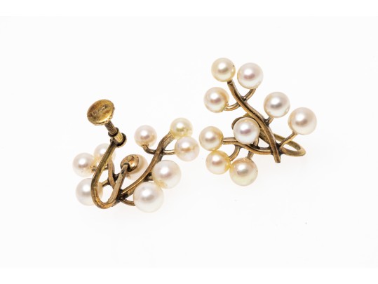 14k Yellow Gold Fabulous Vintage Cultured 3.5 Mm Pearl Spray Earrings