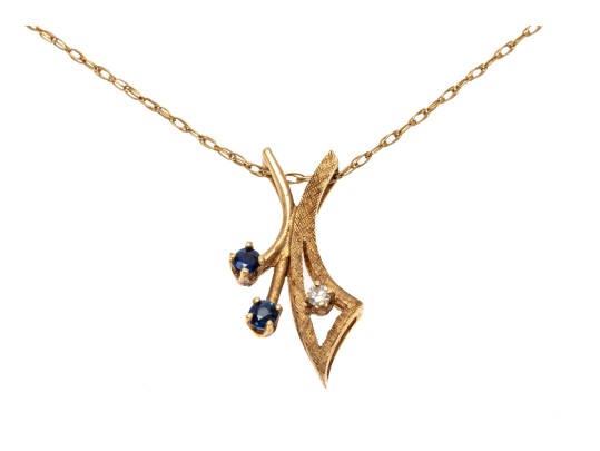 14k Yellow Gold Sapphire And Diamond Pendant Necklace