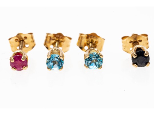 14k Yellow Gold Lot Of Five Stud Earrings, Including Blue Topaz, Rubies