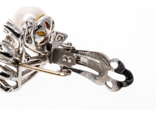 14k White Gold Vintage Cultured 7.25 Mm Pearl And Diamond Spray Earrings, App. 0.26 TCW