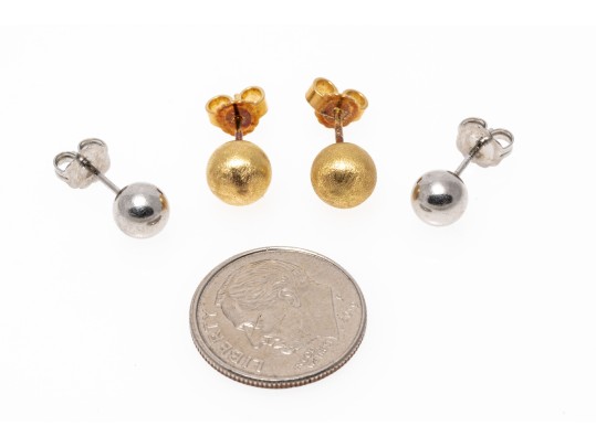 Simple 18K And Platinum Stud Earrings, Two Pairs