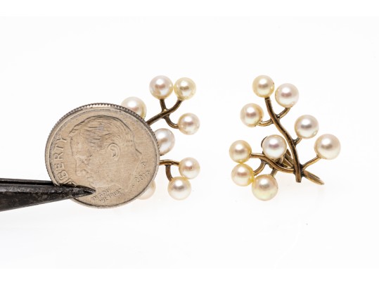 14k Yellow Gold Fabulous Vintage Cultured 3.5 Mm Pearl Spray Earrings