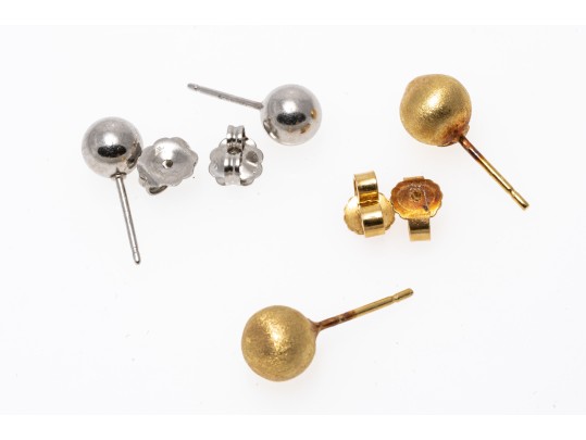 Simple 18K And Platinum Stud Earrings, Two Pairs