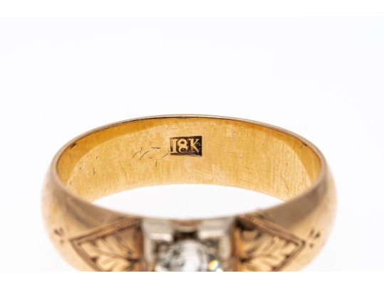 18k Yellow Gold Vintage Band Ring Set With European Cut Diamond, Size 7