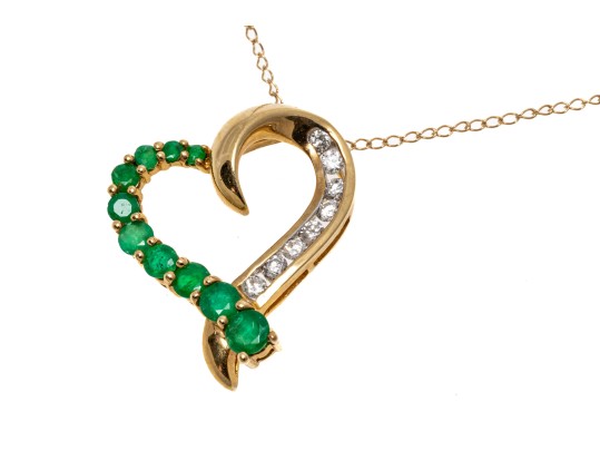 14k Yellow Gold Emerald And Diamond Heart Pendant Necklace