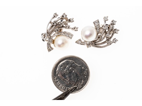 14k White Gold Vintage Cultured 7.25 Mm Pearl And Diamond Spray Earrings, App. 0.26 TCW