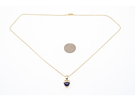 14k Yellow Gold Contemporary Trillion Cut Tanzanite And Diamond Pendant, With Chain