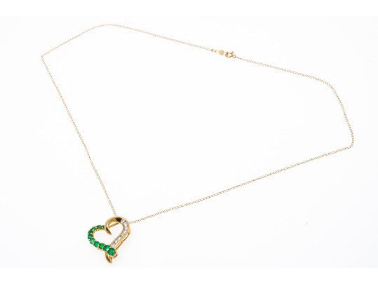 14k Yellow Gold Emerald And Diamond Heart Pendant Necklace