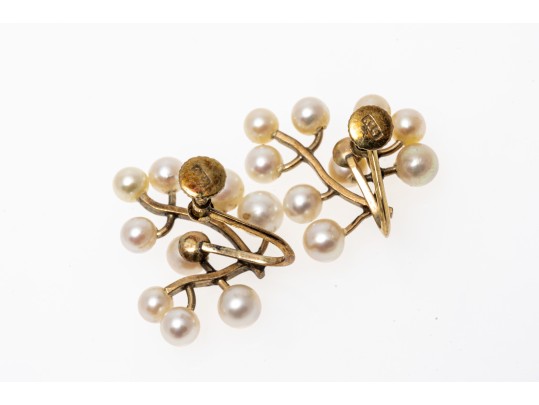 14k Yellow Gold Fabulous Vintage Cultured 3.5 Mm Pearl Spray Earrings