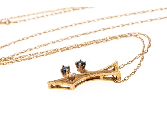 14k Yellow Gold Sapphire And Diamond Pendant Necklace