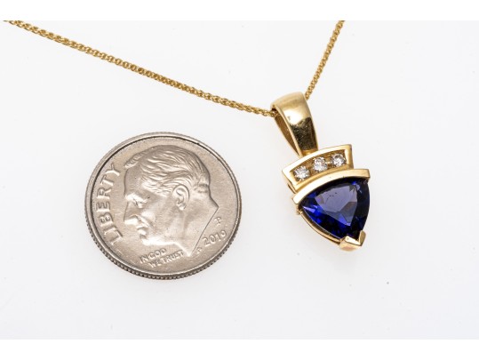 14k Yellow Gold Contemporary Trillion Cut Tanzanite And Diamond Pendant, With Chain