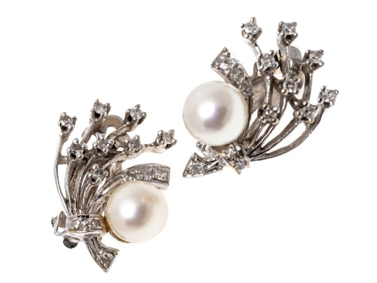 14k White Gold Vintage Cultured 7.25 Mm Pearl And Diamond Spray Earrings, App. 0.26 TCW