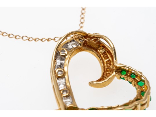 14k Yellow Gold Emerald And Diamond Heart Pendant Necklace