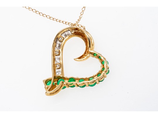 14k Yellow Gold Emerald And Diamond Heart Pendant Necklace