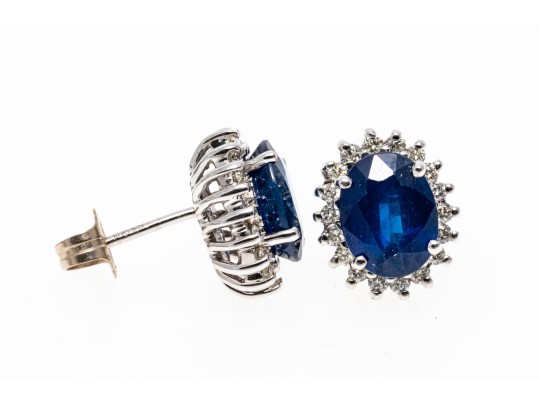 14K White Gold Sapphire And Diamond Halo Earrings