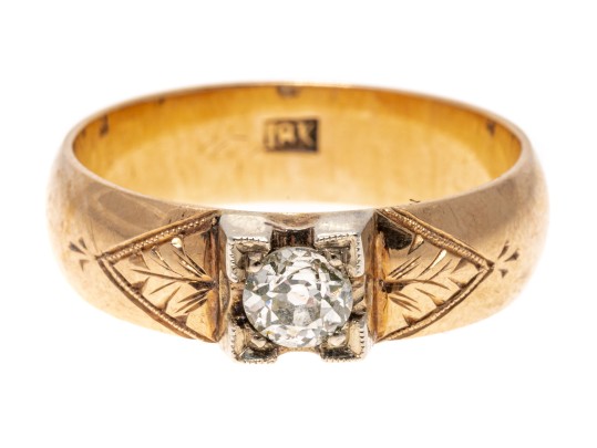 18k Yellow Gold Vintage Band Ring Set With European Cut Diamond, Size 7