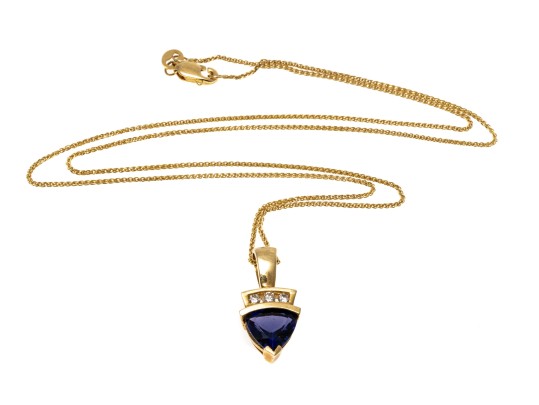 14k Yellow Gold Contemporary Trillion Cut Tanzanite And Diamond Pendant, With Chain