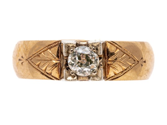 18k Yellow Gold Vintage Band Ring Set With European Cut Diamond, Size 7