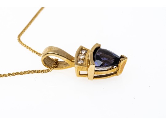 14k Yellow Gold Contemporary Trillion Cut Tanzanite And Diamond Pendant, With Chain
