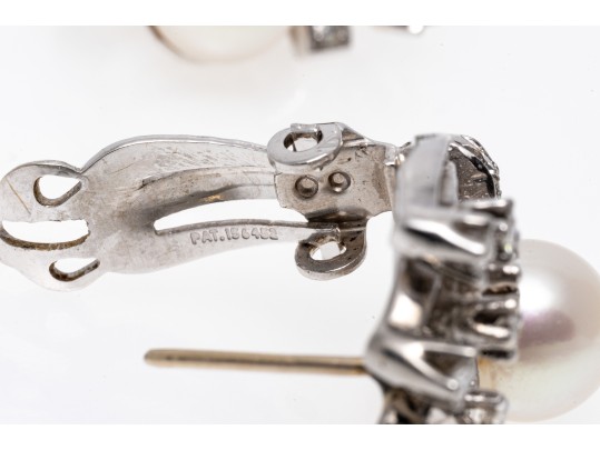 14k White Gold Vintage Cultured 7.25 Mm Pearl And Diamond Spray Earrings, App. 0.26 TCW