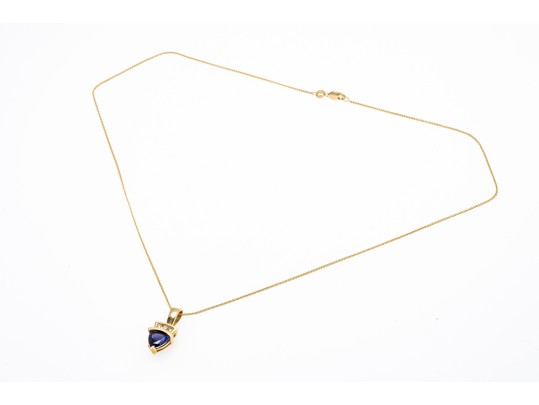 14k Yellow Gold Contemporary Trillion Cut Tanzanite And Diamond Pendant, With Chain