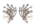 14k White Gold Vintage Cultured 7.25 Mm Pearl And Diamond Spray Earrings, App. 0.26 TCW
