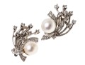 14k White Gold Vintage Cultured 7.25 Mm Pearl And Diamond Spray Earrings, App. 0.26 TCW
